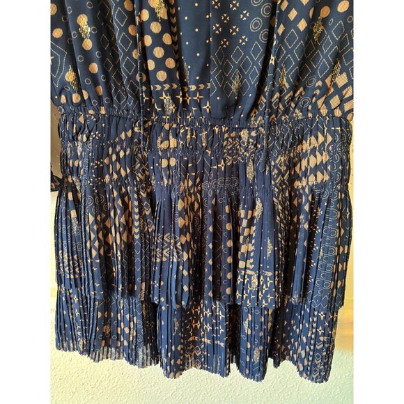 Anthropologie Current Air XS Taken In Teal Gold Navy Mini Dress Pleated - Picture 13 of 13